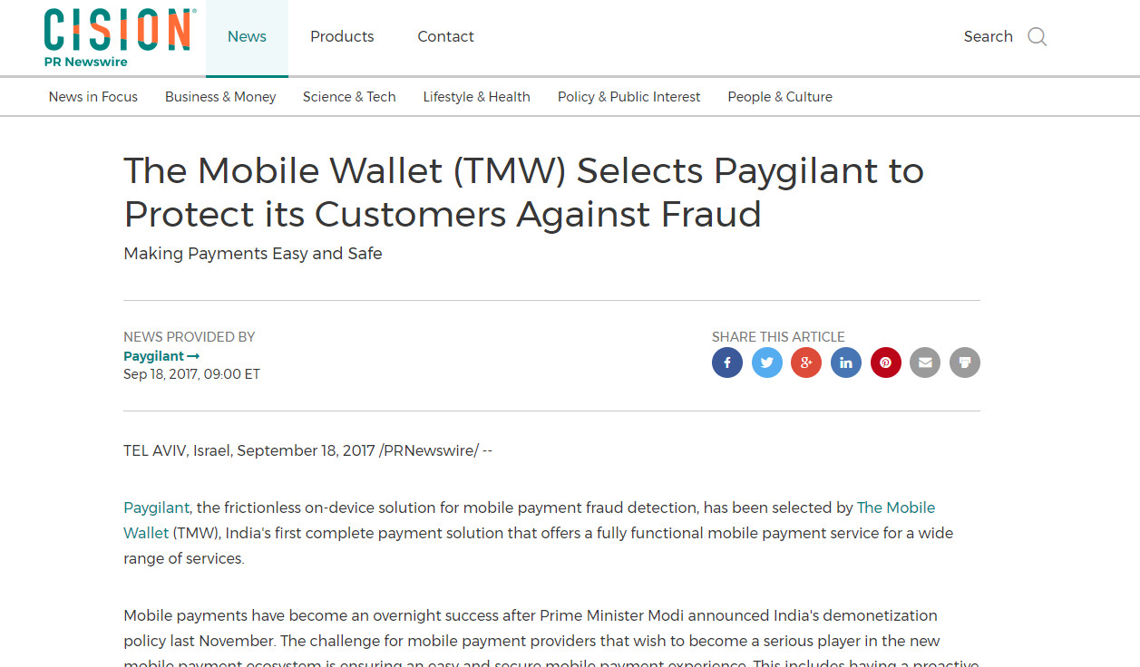 The Mobile Wallet (TMW) Selects Paygilant to Protect its Customers Against Fraud